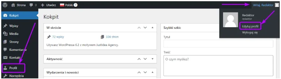 WordPress dashboard: arrows point to Edit Profile and the Profile tab