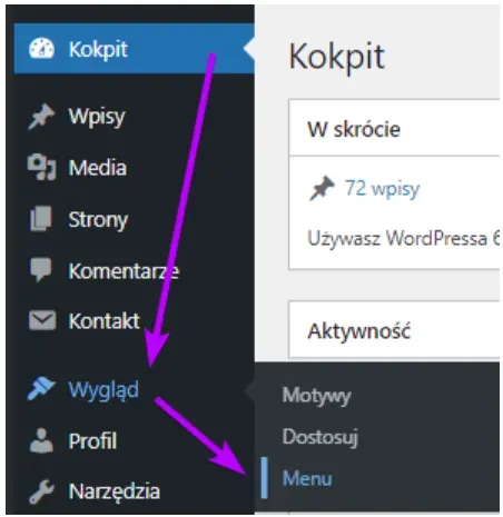 WordPress sidebar menu: arrows from Appearance to Menus