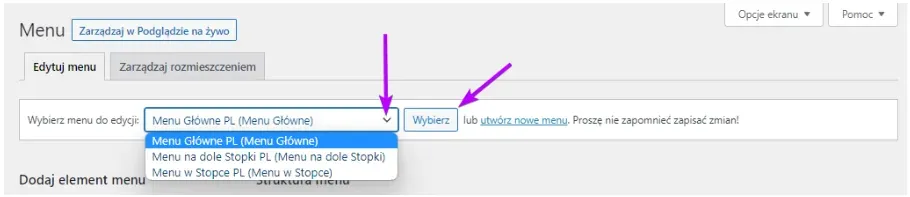 List of menus to edit: Main, Footer and Bottom Footer
