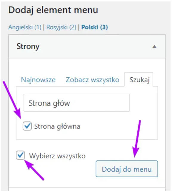 Searching for and selecting the home page to add to the menu