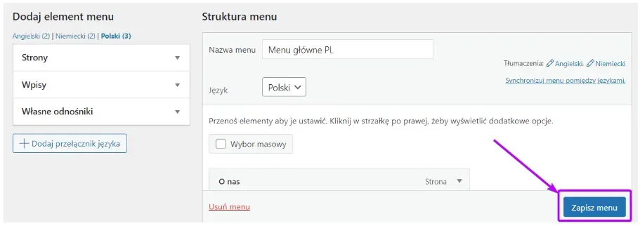 Menu structure with the Save Menu button highlighted