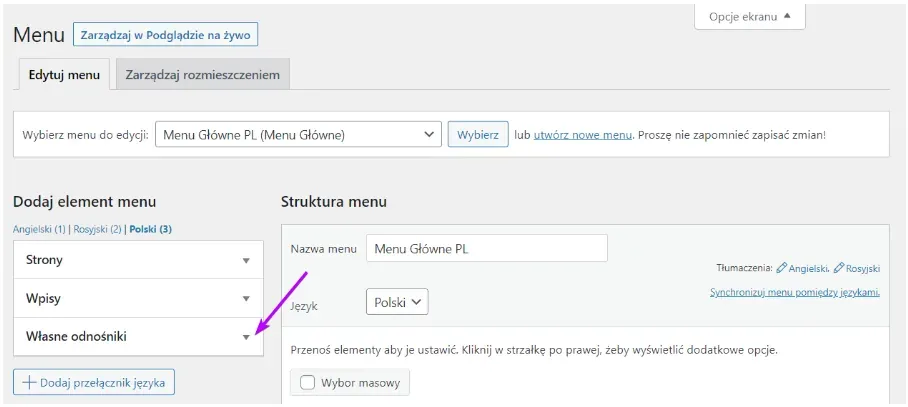 Arrow points to the collapsed Custom Links panel