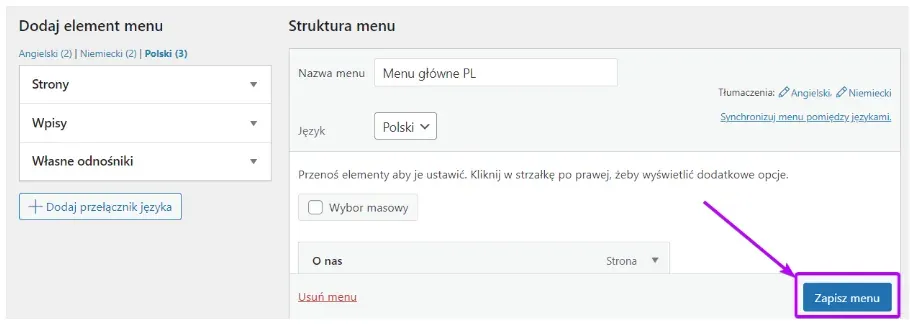 WordPress menu: arrow points to the Save Menu button after adding a link