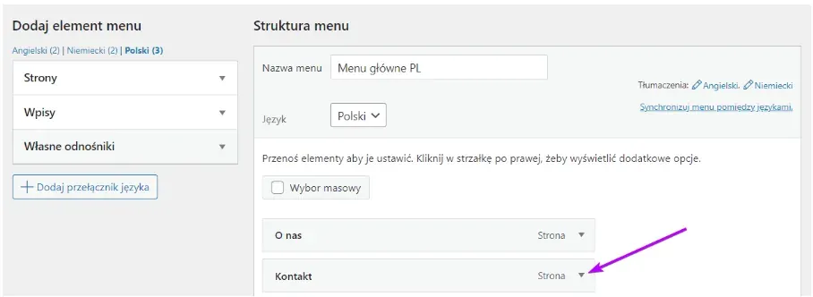 Menu structure: arrow points to the expand icon on the Contact item