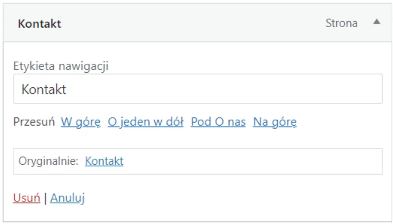 Editing panel for the Contact item: Navigation Label field and Original link