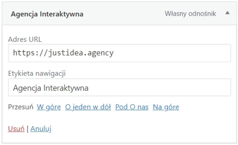 Custom Link panel: URL field with the justidea.agency link