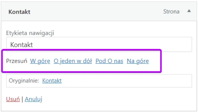 Contact panel: highlighted Move Up and Down One links