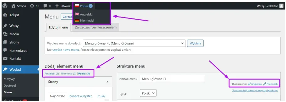 Three ways to switch the menu language: top bar, tabs, Translations