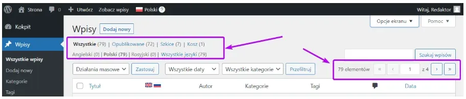 Post list: status and language filters, and a count of 79 items