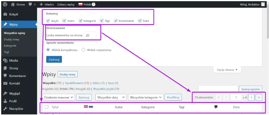 Screen options for the post list: columns, pagination and compact view