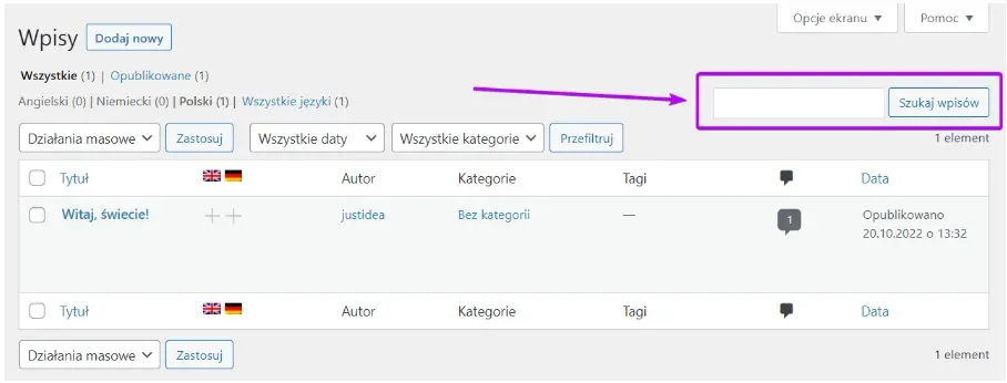 Post list: Search Posts field highlighted
