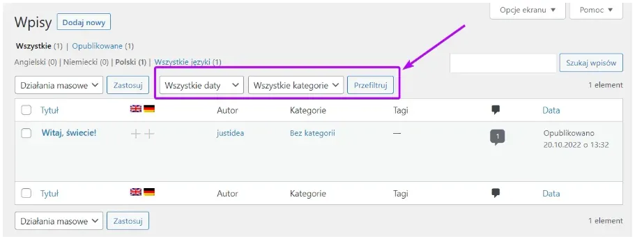 Post list: All Dates and All Categories filters
