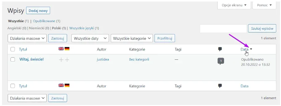 Post list: sort arrow next to the Date column header