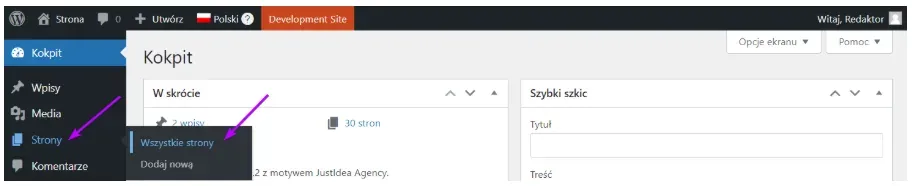Sidebar menu: All Pages option highlighted under Pages