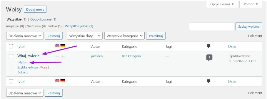 Post list: post title link with the Edit button underneath