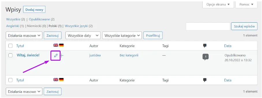 Post list: pencil icon for editing the post's translation