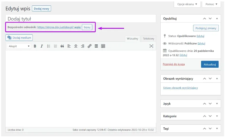 Post editor: Permalink row highlighted