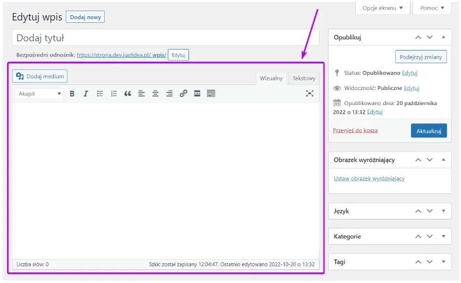 WordPress post content editor outlined in the editing panel