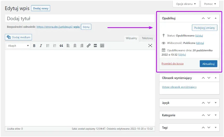 Publish widget in the WordPress post editor, outlined