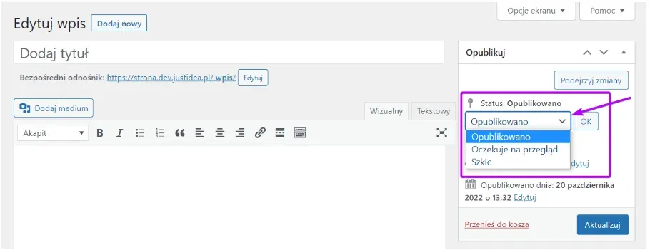 Expanded post status list: Published, Draft, Pending