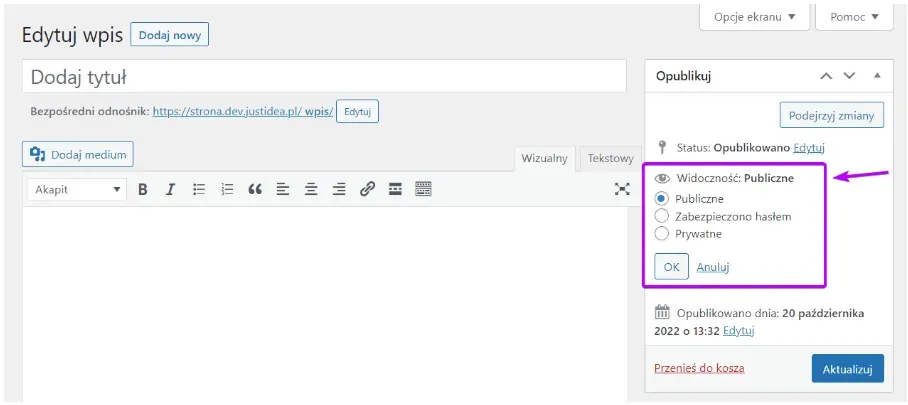 Post visibility options: Public, Password Protected, Private