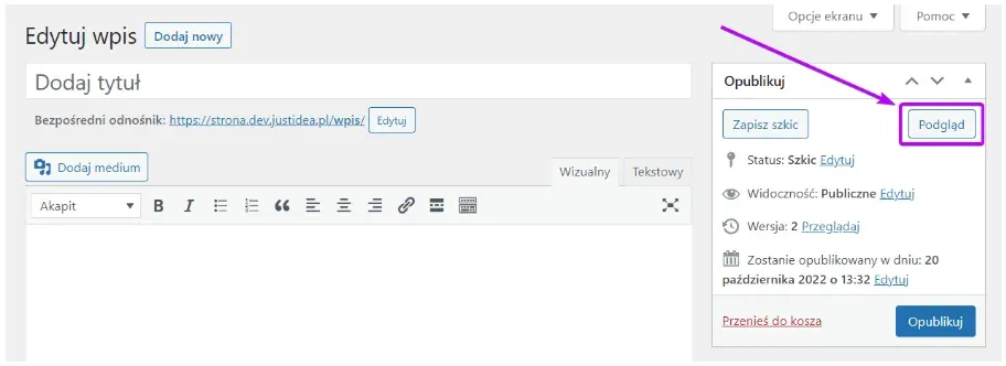 Preview button next to Save Draft in the post editor