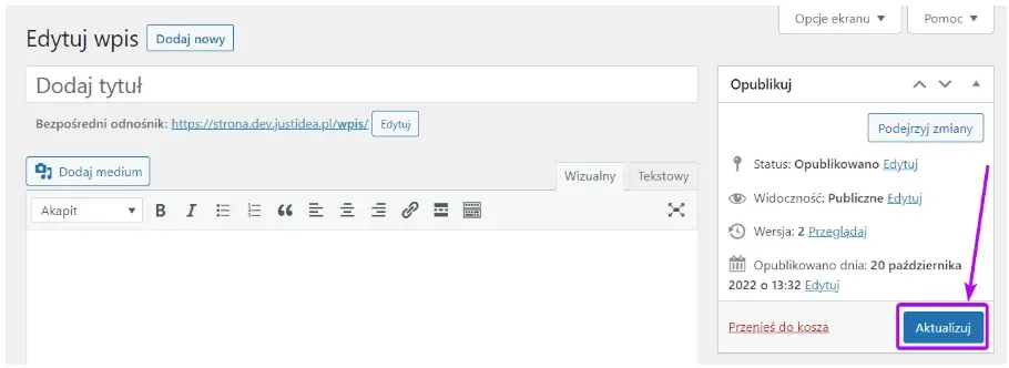 Update button next to a published post, outlined