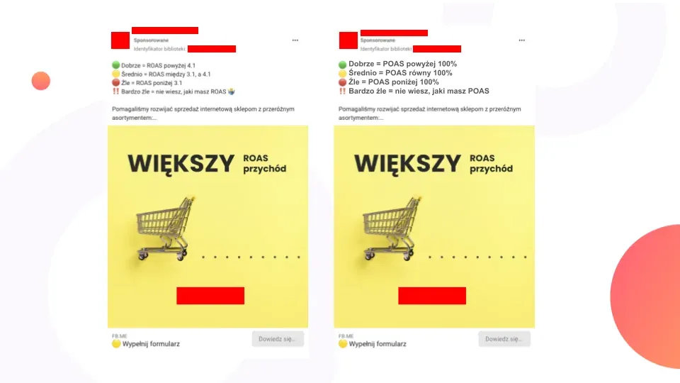 Two versions of a Meta ad: a ROAS legend versus a POAS legend