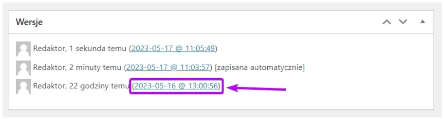 Timestamp of a post revision highlighted in the Revisions list