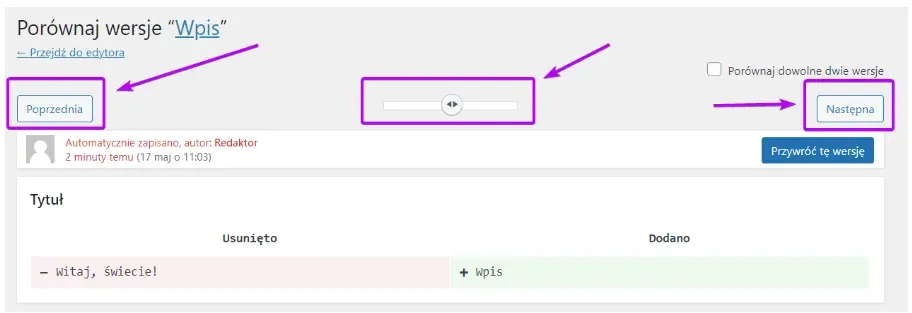 Previous and Next buttons and the revision slider