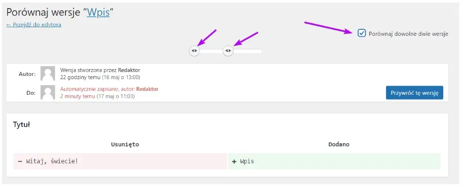 Compare Any Two Revisions checkbox with two sliders