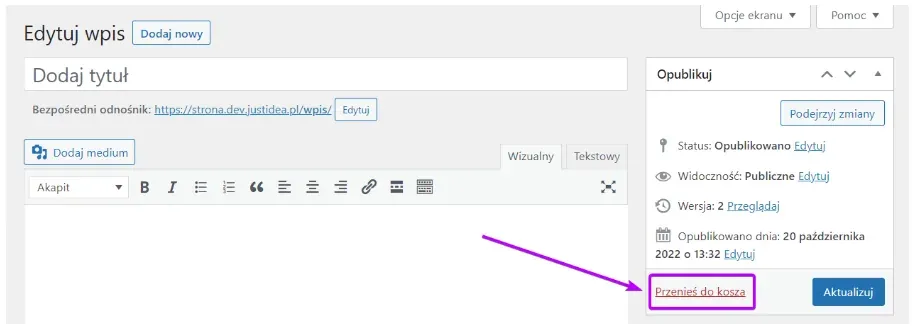 Move to Trash link in the Publish widget