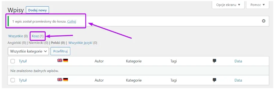Post list showing an Undo message and the Trash (1) tab
