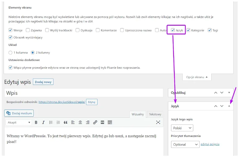 Language checkbox in Screen Options and the Language panel in the sidebar