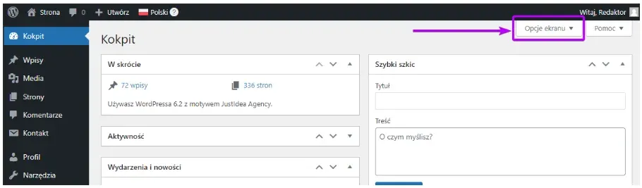 WordPress dashboard: arrow points to the Screen Options button