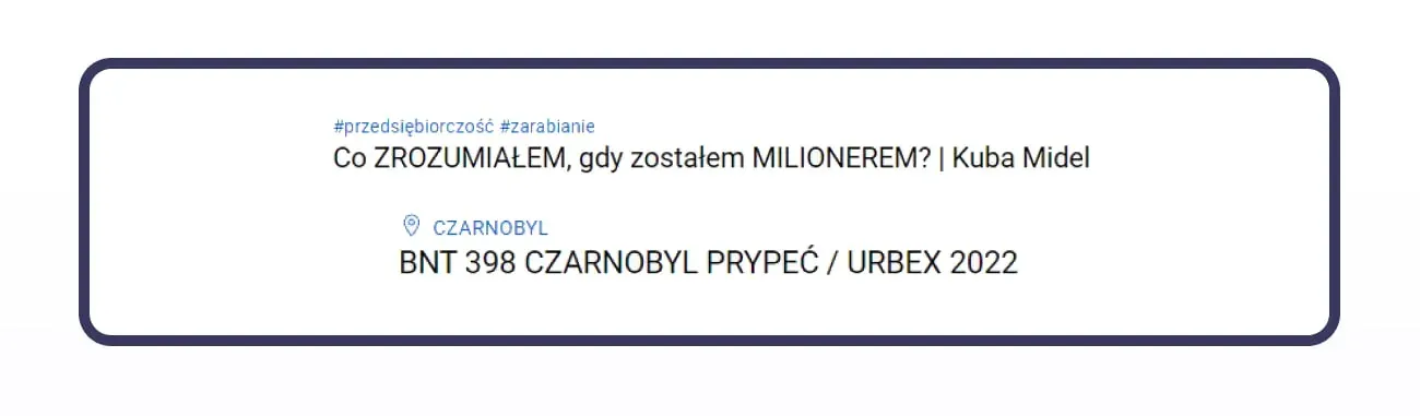 video title and hashtags, recording location