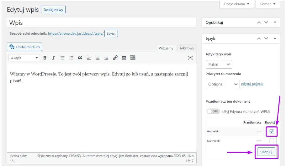Copy checkbox next to English and the Copy button