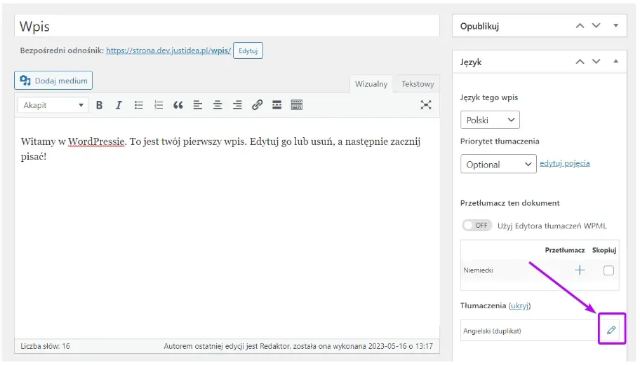Pencil icon next to the English duplicate of the post