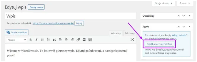 Translate Independently button on the copied post