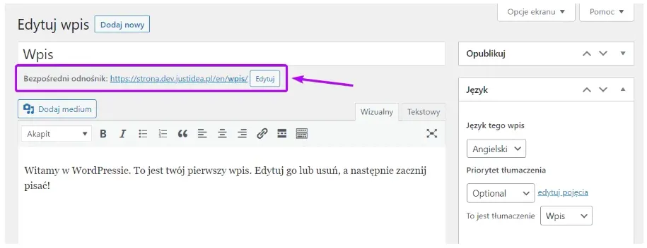 Permalink of the English version of the post in the editor