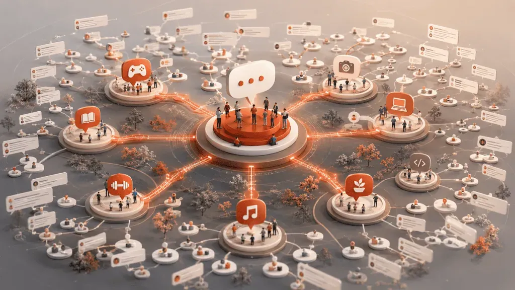 Illustration of a network of threads and online communities like Reddit around a shared topic