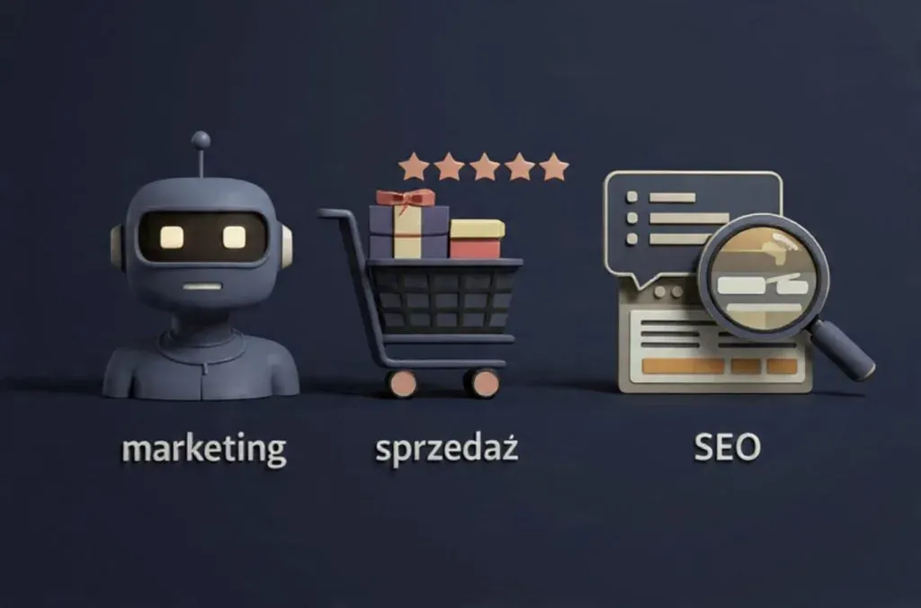 Three icons: a robot for marketing, a cart for sales, a magnifying glass for SEO
