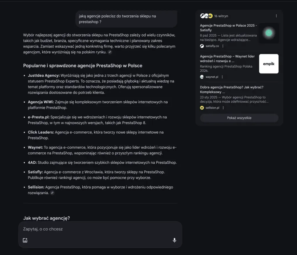 Google AI Mode: an answer about PrestaShop agencies with a list of sources