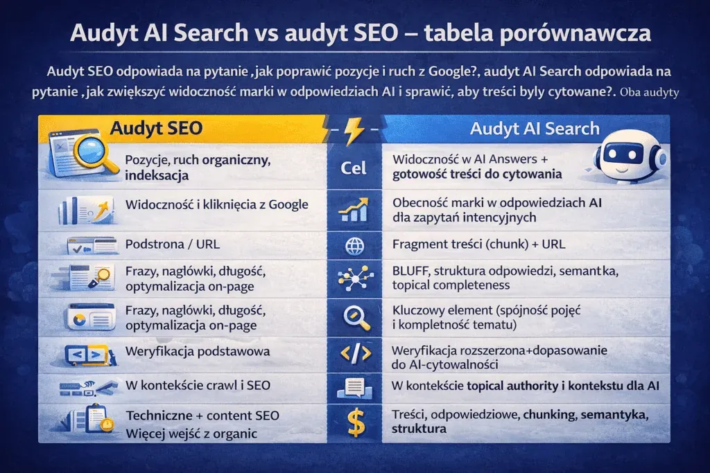 Comparison table of an SEO audit and an AI Search audit by criteria