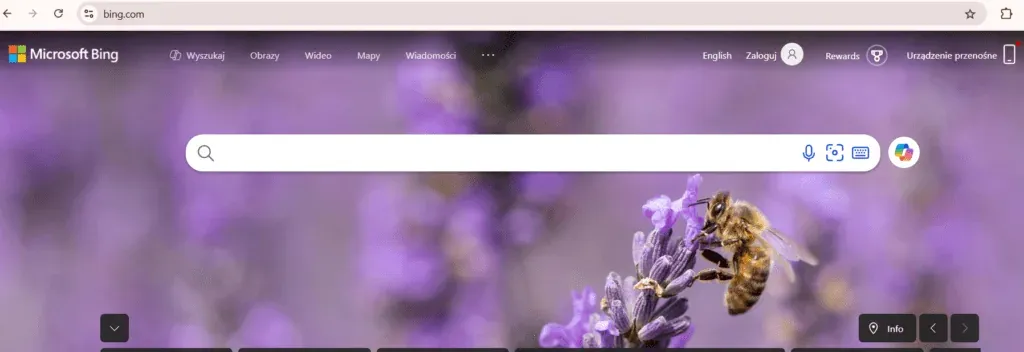 Bing search engine homepage with the search bar and Copilot icon