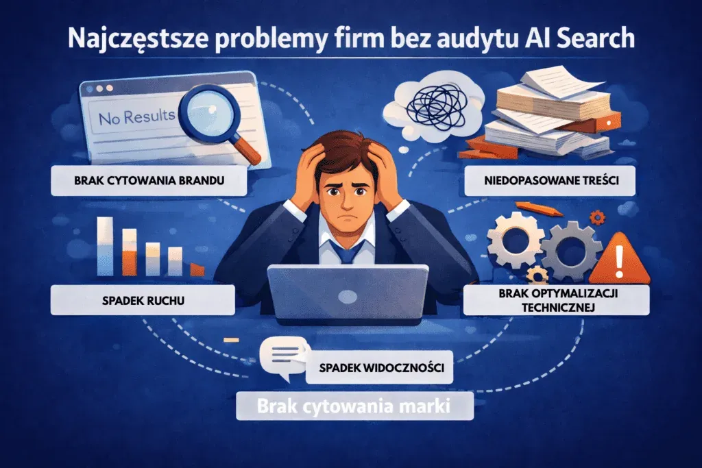 Stressed man and icons of problems companies face without an AI Search audit