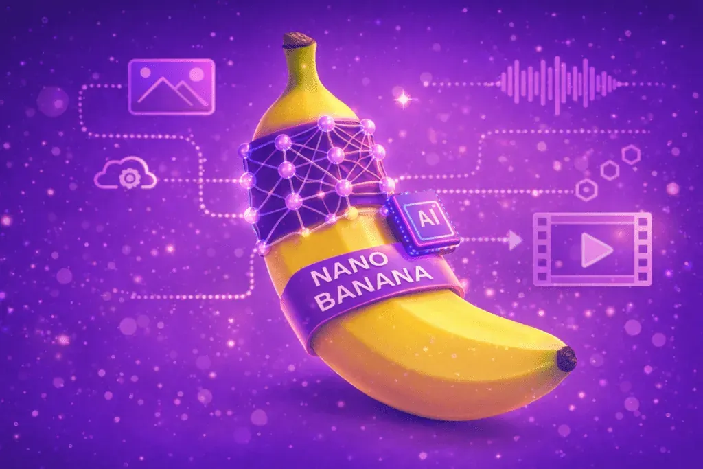A banana wrapped in a neural network as a symbol of Nano Banana AI