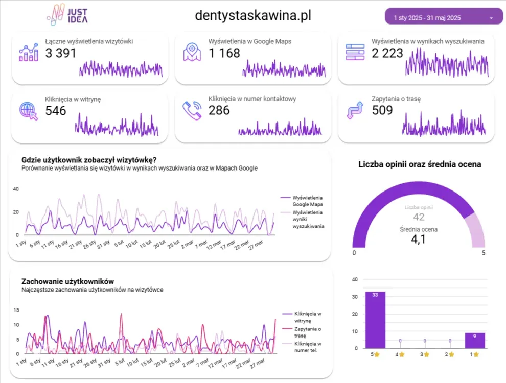 JustIdea DentArt dashboard: 3,391 Google Business Profile views