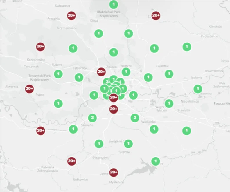 Google Maps map: 20+ reach for the phrase "protezy piersi" (breast prostheses), Far-Med