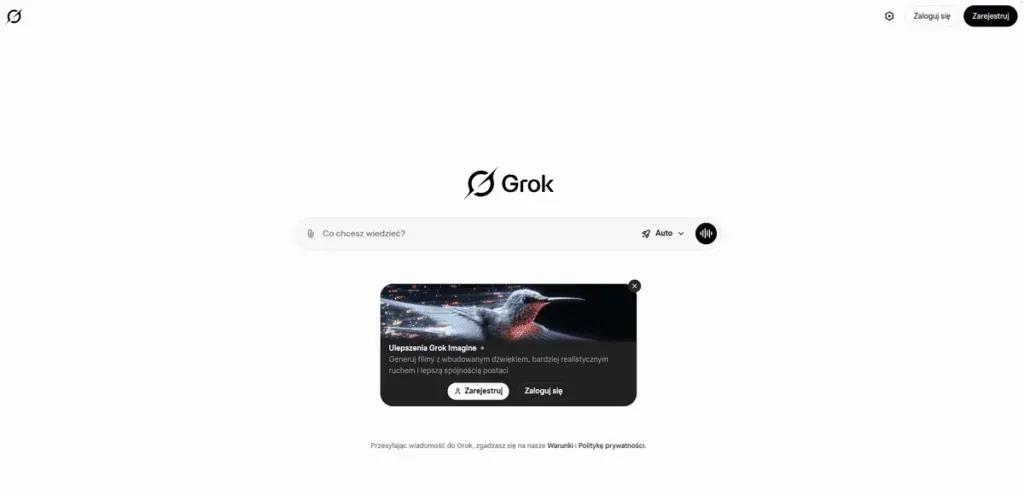 Grok AI start screen with a question field and the Grok Imagine banner